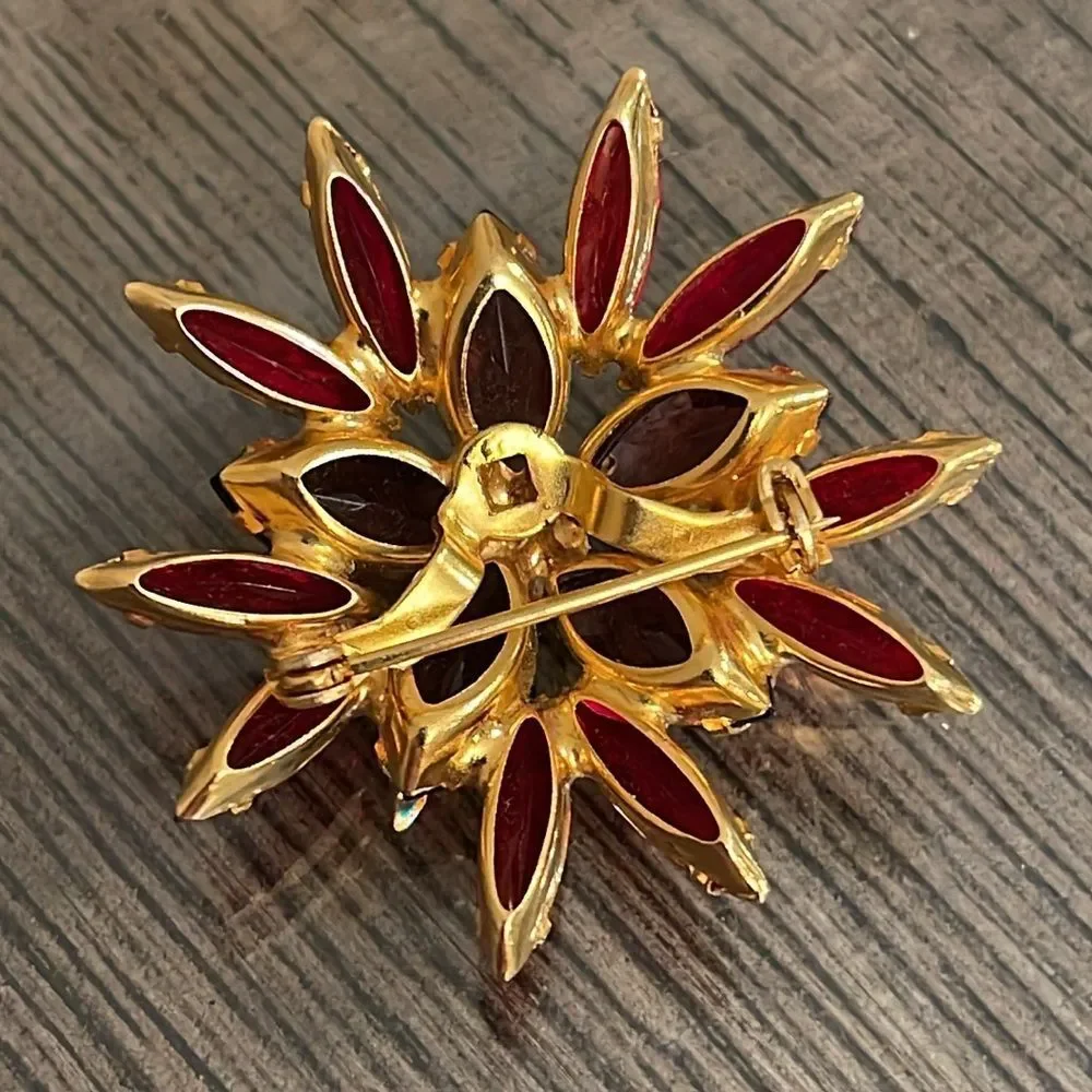 Vintage Floral Rhinestone Pin Red, Purple and Pin